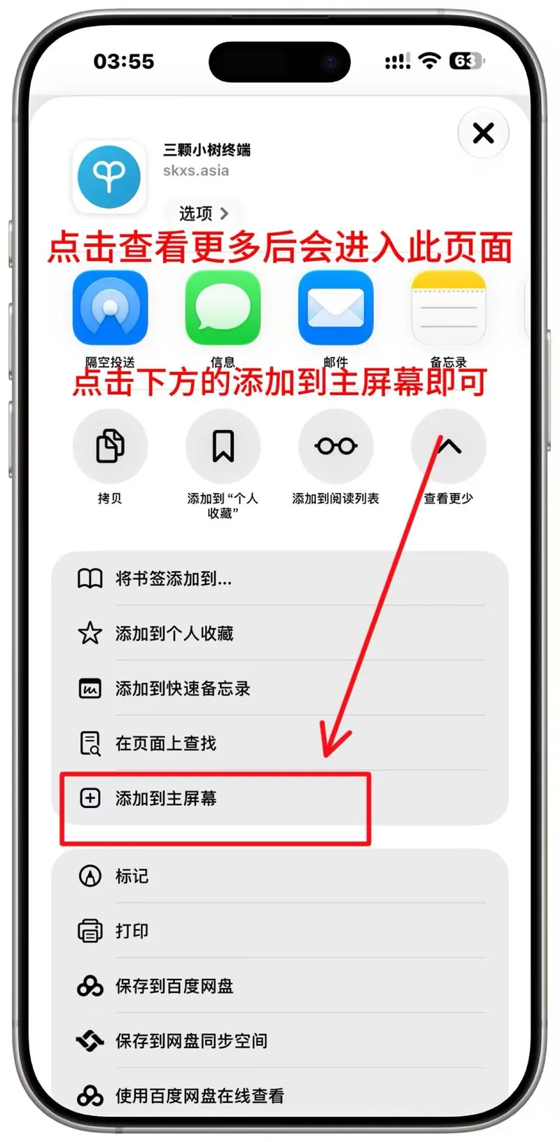 添加到主屏幕选项示意